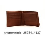 A used wallet, placed in a standing position with open faces, showcases its durability. Made of pure leather, this wallet is 2 years old and still well-maintained.