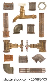 Used water pipes, valves and connectors collection on white background