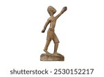 A used wooden sculpture of a human figure standing with intricate details and stylized features, showcasing artistic craftsmanship.