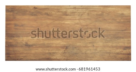 Used wooden tabletop isolated on white. Workbench view from above.