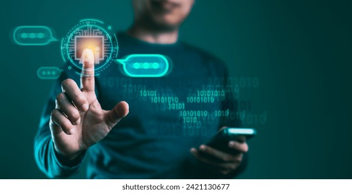 User access data and information across online networks with Digital chatbots on smartphones. Concept of Robot Applications and Global Connectivity, AI (Artificial Intelligence), and innovation