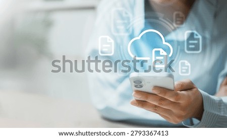 User accessing cloud computing services on a smartphone with digital file icons, representing cloud storage, data backup, synchronization, document management, and secure online technology.