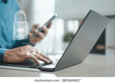 User accessing a laptop with MFA and 2FA verification on a secure login system, highlighting cybersecurity, identity protection, encryption, and digital account safety.