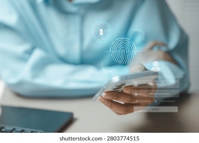 User accessing a mobile device with fingerprint authentication and passwordless passkey technology. Represents biometric security, digital identity verification, privacy protection, secure login.