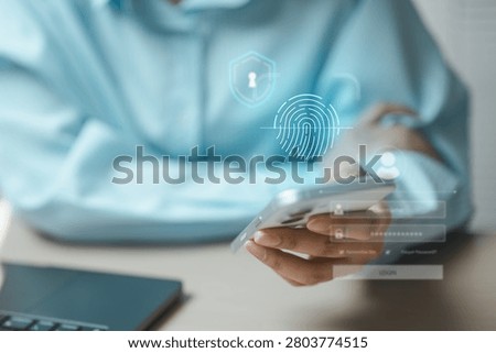 User accessing a mobile device with fingerprint authentication and passwordless passkey technology. Represents biometric security, digital identity verification, privacy protection, secure login.