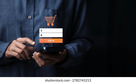 User accessing mobile ecommerce login interface with secure online shopping authentication and digital payment technology concept on smartphone.