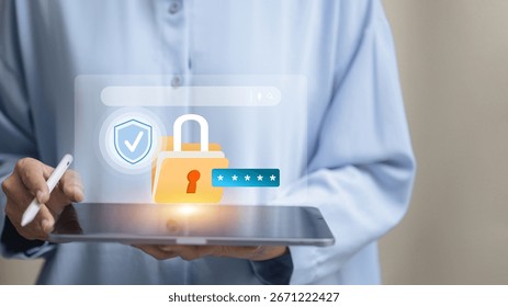 User accessing secure login interface on tablet with password input, shield icon and lock symbol, concept of digital security.