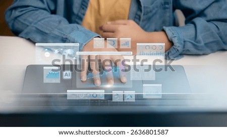 A user with AI-powered dashboard displaying data visualizations, representing business intelligence, predictive analytics, big data processing, machine learning insights, and smart decision-making.