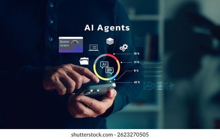 User analyzing AI agent performance data on mobile device, infographic charts, digital icons, representing smart technology, analytics, artificial intelligence adoption, mobile interface interaction.