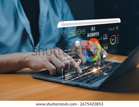 User analyzing AI agent performance data on a laptop with futuristic data interface and circular visual dashboard for business intelligence and tech development.