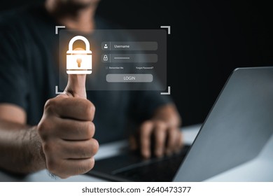 User Authentication Concept with Hand Thumbs Up, Laptop Displaying Security Lock, and Login Form on Dark Background for Online Safety Videos