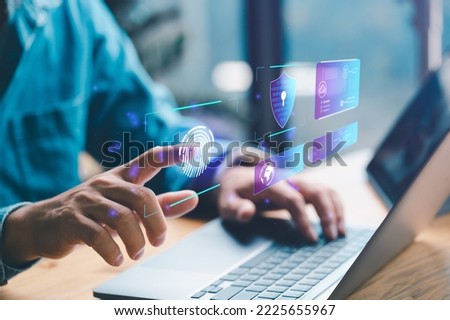 User authentication system with biometric identification fingerprint username and password, cybersecurity, information security, encryption, secure Internet access, advanced, Hight technology.	