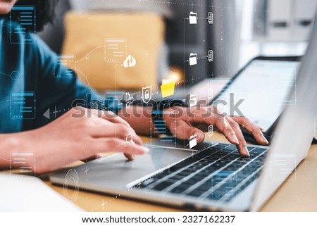 User authentication system folder settings, cybersecurity concept. IT staff working with Document Management System, Online documentation database and process automation to efficiently manage files.
