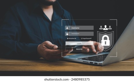 User authentication system with username and password, cybersecurity concept, information security and encryption, secure Internet access, technology and cybernetics. computer security system.