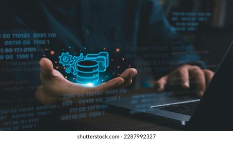 User can check data storage from SQL (Structured Query Language) database on computer screen with database and server room background.