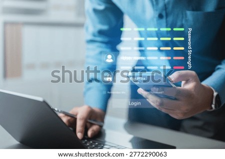 User checking password strength on smartphone with security meter, illustrating secure signup, authentication, and data protection in digital environment.