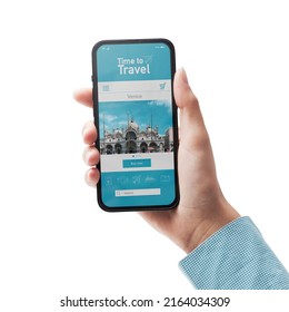 User Connecting With Her Smartphone  And Online Travel Booking App On The Phone Display, POV Shot On White Background