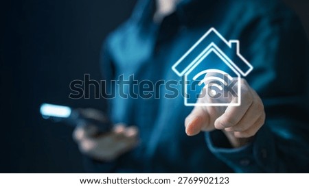 User controlling smart home system via smartphone with IoT interface, representing home automation, wireless connectivity, energy efficiency, and secure digital control of lighting and devices.