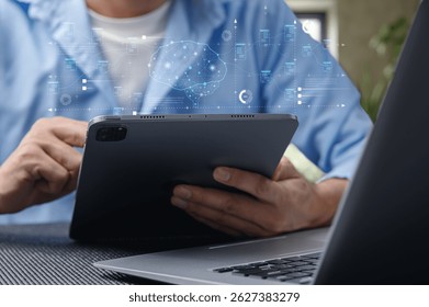 A user engages with advanced AI technology on a tablet, illustrating the intersection of analysis and calculation in digital innovation and program development.
