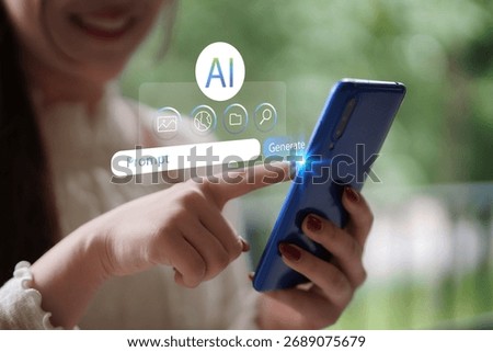 User engages artificial intelligence mobile application creating innovative digital content. Prompt input generates images. Modern technology simplifies creativity.