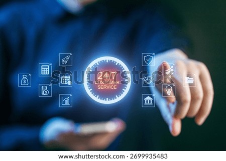 A user engages with a digital interface highlighting 24 7 customer service options. Various icons display service features, indicating a modern support system.