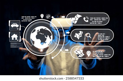 A user engages with a virtual reality headset while interacting with a futuristic interface displaying a digital globe and various data streams, symbolizing technology advancements. - Powered by Shutterstock - Get 15% off with code: PIKWIZARD15