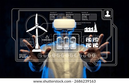 A user engages with a virtual reality interface displaying renewable energy data, including wind speed and battery metrics, showcasing innovative technology in energy management.