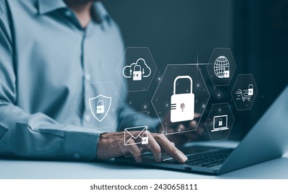 User enter password for personal information access. Data login protect and secure internet access, padlock technology, cyber security, encryption privacy, Cybersecurity and data protection concept.