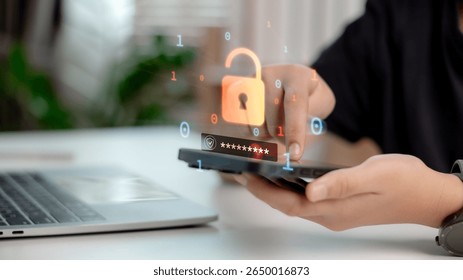 User entering password on smartphone with digital lock and binary code, symbolizing mobile security, authentication, and data protection concept.