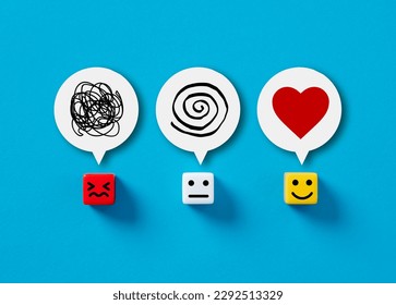 User experience or customer satisfaction concept. Client service or product evaluation. Cubes with unhappy, neutral and happy faces with thoughts in speech bubbles. - Shutterstock ID 2292513329