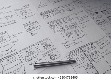 User experience design wireframes of IT product. Hand drawn draft projects layout. Sketch of ideas. Complex project, education