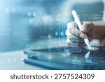 User exporting and transferring digital data from tablet with cloud interface. Concept of secure data management, file download and upload, database connectivity, and modern cloud storage technology.