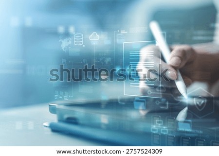 User exporting and transferring digital data from tablet with cloud interface. Concept of secure data management, file download and upload, database connectivity, and modern cloud storage technology.