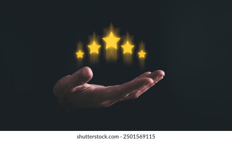 User give five-star rating to service experience, Customer review satisfaction feedback survey concept. Customer evaluation feedback. Men in suit Giving Positive Review Satisfaction. - Powered by Shutterstock