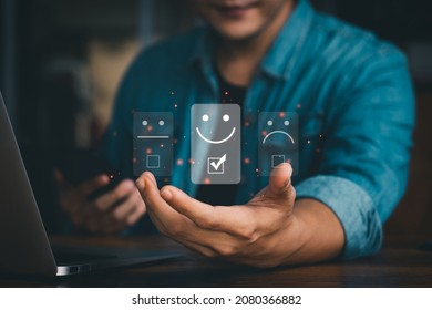 User give rating to service experience on online application, Customer review satisfaction feedback survey concept, Customer can evaluate quality of service leading to reputation ranking of business. - Shutterstock ID 2080366882