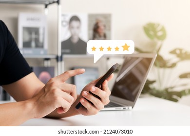 User give rating to service experience on online application, Customer review satisfaction feedback survey concept, Customer can evaluate quality of service leading to reputation ranking of business. - Shutterstock ID 2124073010