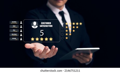 User give rating to service experience on online application, Customer review satisfaction feedback survey concept, Customer can evaluate quality of service leading to reputation ranking of business. - Shutterstock ID 2146751211