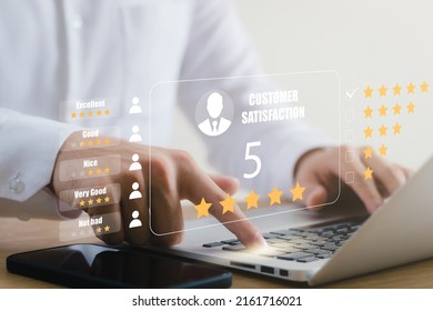 User Give Rating To Service Experience On Online Application, Customer Review Satisfaction Feedback Survey Concept, Customer Can Evaluate Quality Of Service Leading To Reputation Ranking Of Business.