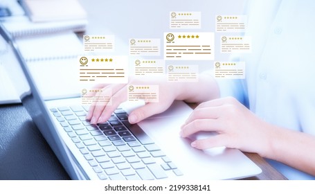  User give rating to service experience on online application, Customer review satisfaction feedback survey concept, Customer can evaluate quality of service leading to reputation ranking of business - Shutterstock ID 2199338141