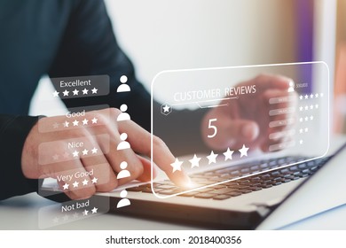 User gives rating to service experience on online application, Customer review satisfaction feedback survey concept, Customer can evaluate quality of service leading to reputation ranking of business. - Shutterstock ID 2018400356