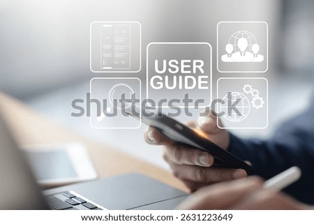 User guide digital interface on mobile phone with search, document, team, and global process icons. Concept of help center, onboarding system, and knowledge base
