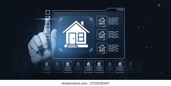 User hand interacting with digital interface showing house icon and listings, futuristic graphic style on dark background, concept of real estate technology
