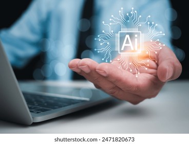 User hand showing AI chip represents Artificial intelligence innovation and global online network connection for access to digital service, Cyber security, Training artificial intelligence.