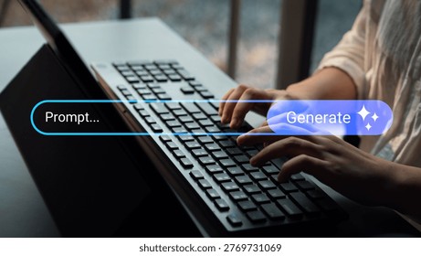 A user hands are seen typing on a keyboard, showcasing a digital interface for text generation. The modern workspace is illuminated by soft natural light. Gantry