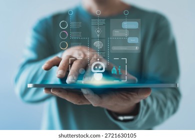 User interacting with an AI assistant interface on a tablet, showing chatbot elements, artificial intelligence icons, and digital system overlays in a modern technology environment.