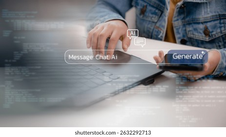User interacting with AI chat interface on laptop and smartphone, symbolizing prompt generation, natural language processing, chatbot communication, and generative AI technology. - Powered by Shutterstock - Get 15% off with code: PIKWIZARD15