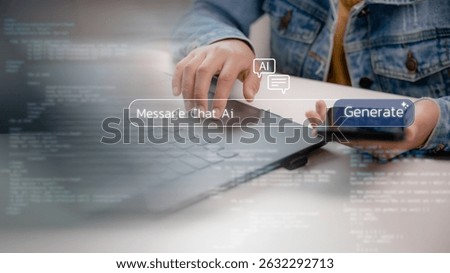 User interacting with AI chat interface on laptop and smartphone, symbolizing prompt generation, natural language processing, chatbot communication, and generative AI technology.