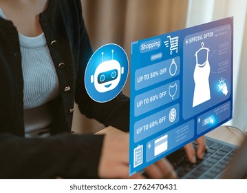User interacting with AI chatbot ecommerce interface showing personalized shopping, automation, and digital marketing offers on online platform.