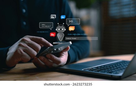 User interacting with AI chatbot on mobile device, surrounded by speech bubbles, voice waveforms, command prompt bar, representing conversational AI, virtual assistant, and smart customer support.