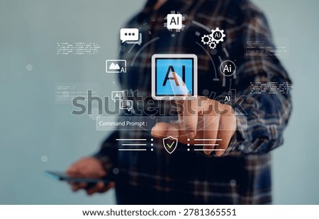 User interacting with AI interface via touchscreen, digital command prompt, chatbot icons and data analytics, artificial intelligence automation and smart technology integration concept